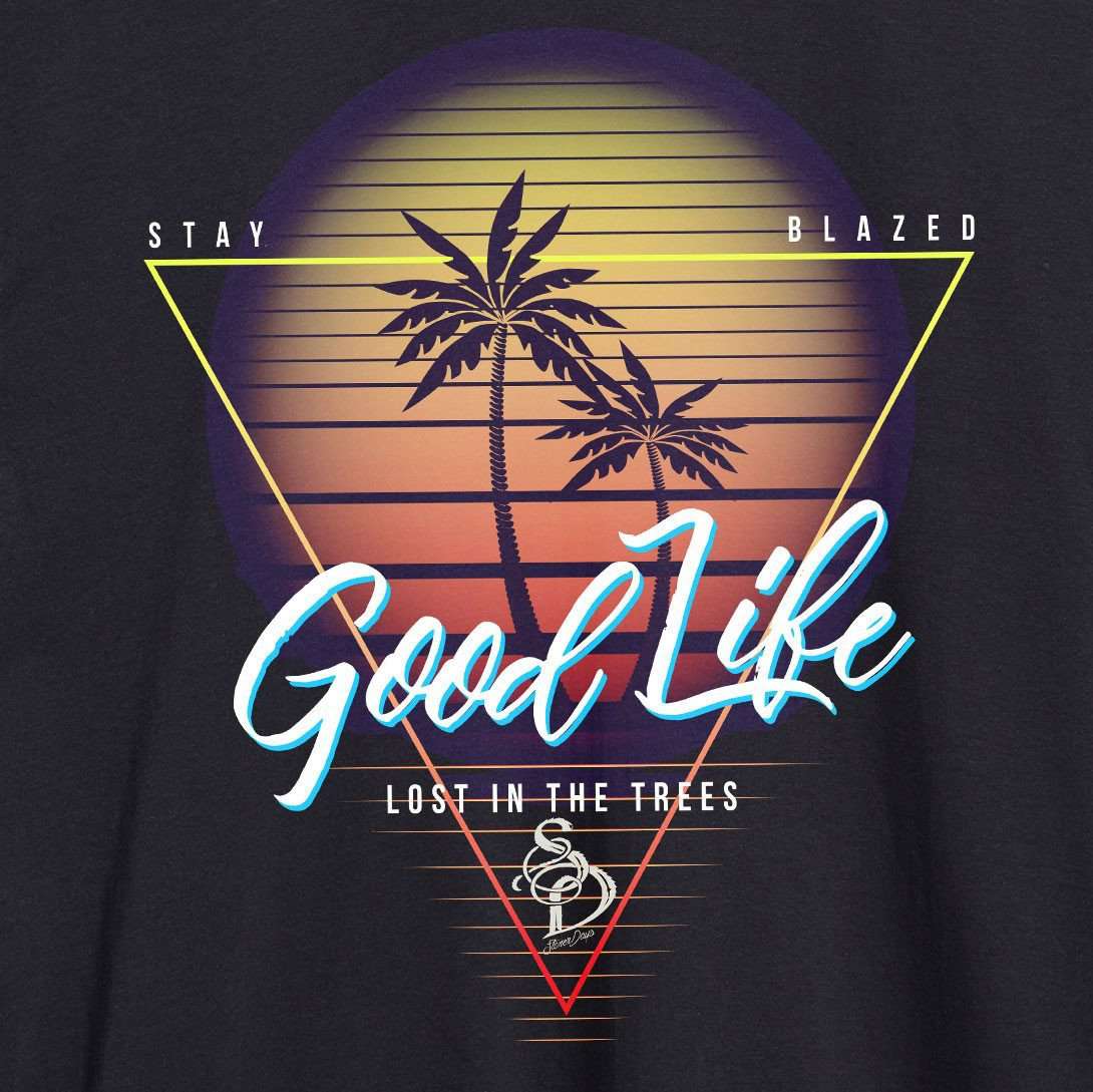 StonerDays Men's Good Life Tee in black with colorful palm sunset graphic