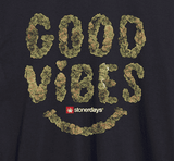 StonerDays Men's Good Vibes Nugs Tee in black cotton, close-up front view