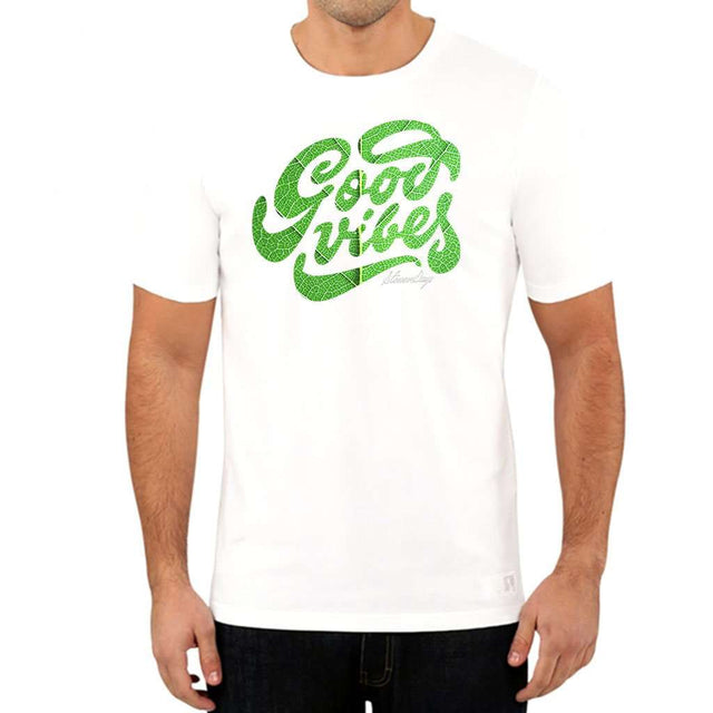 StonerDays Men's Groovy Vibes Tee in White with Green Print, Front View, Sizes S-XXXL