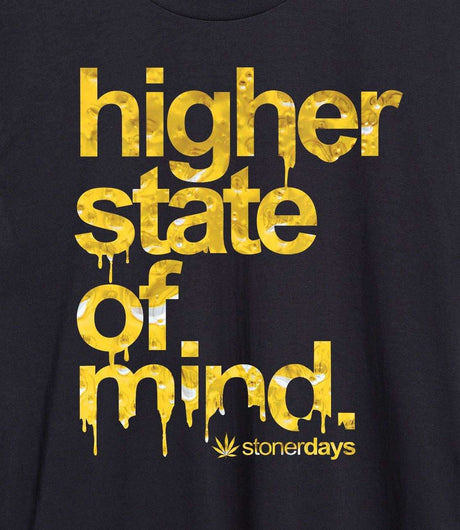 Close-up of StonerDays Men's Cotton Tee with 'Higher State Of Mind' Shatter Design