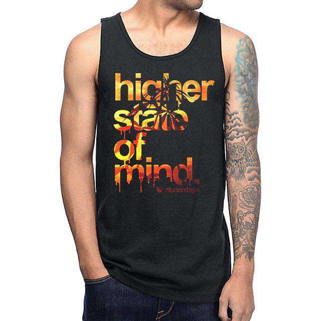 StonerDays Mens Sunset Tank with vibrant orange, red, and yellow design, front view on model