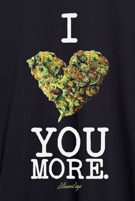 StonerDays Men's black cotton tee featuring 'I Bud You More' design with cannabis heart graphic