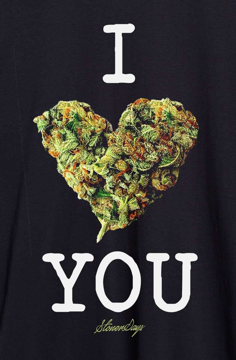 StonerDays Men's I Bud You Tee featuring a heart-shaped cannabis design on black cotton fabric