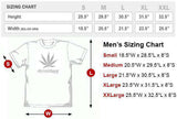StonerDays Men's I Bud You Tee in white with cannabis leaf design, shown with sizing chart