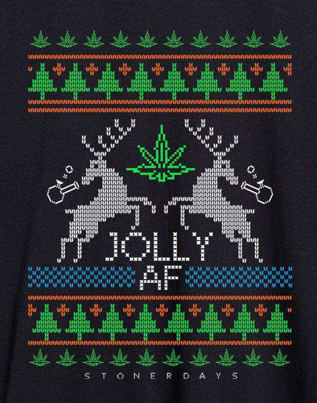 StonerDays Men's Jolly AF Tee Shirt in black cotton with festive cannabis leaf design