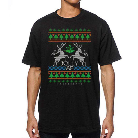 StonerDays Mens Jolly Af Tee Shirt, black cotton with festive cannabis leaf design, front view