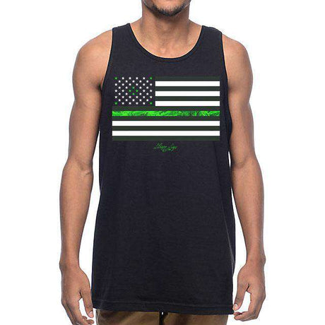 StonerDays Men's Legalize Freedom Tank Top Front View on Model, USA Flag with Cannabis Leaf Design