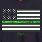 StonerDays Men's Legalize Freedom Tee close-up, black cotton with green leaf flag design