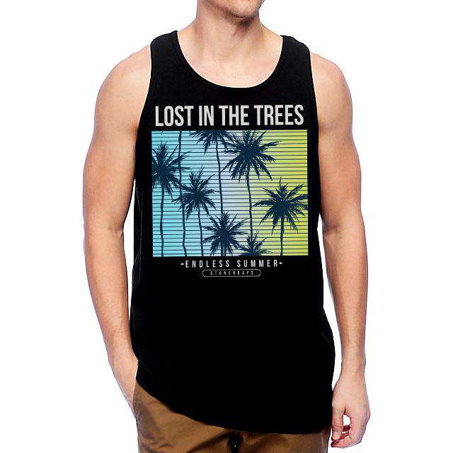 StonerDays Men's Tank Top with 'Lost In The Trees' Graphic, Blue and Yellow, Front View