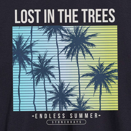 StonerDays Men's Lost In The Trees Tee with palm design in blue and yellow, USA cotton