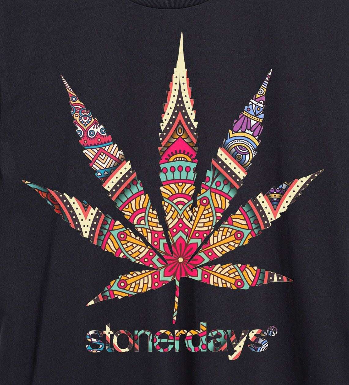 StonerDays Men's Mandala Tee close-up showing colorful cannabis leaf design on black fabric