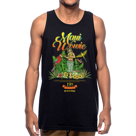 StonerDays Mens Maui Wowie Tank in black, front view on model, tropical print, 100% cotton