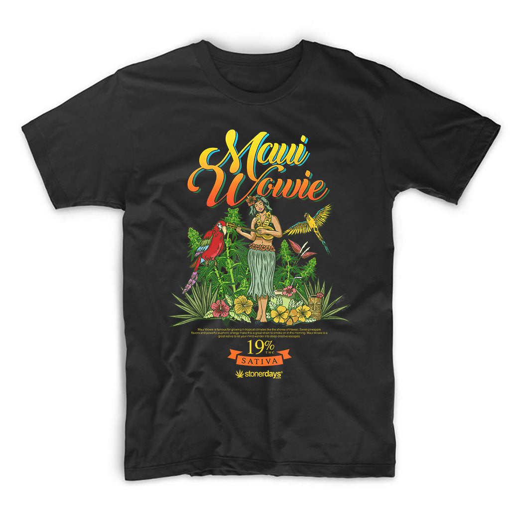 StonerDays Men's Maui Wowie Tee - Front View on Black Cotton T-Shirt with Tropical Print