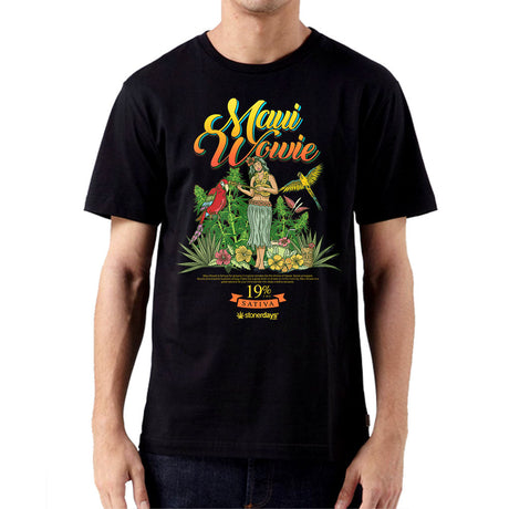 StonerDays Men's Maui Wowie Tee in black, front view on model, vibrant tropical print, size options