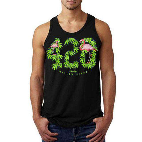StonerDays Men's Mellow Birds Tank in Black with Tropical Cannabis & Flamingo Design, Front View