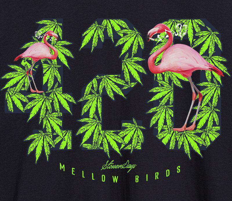 StonerDays Men's Mellow Birds Tee in Black with Pink Flamingos and Cannabis Leaves