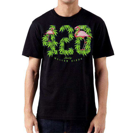 StonerDays Men's Mellow Birds Tee in Black with vibrant pink flamingos and cannabis leaf design, front view