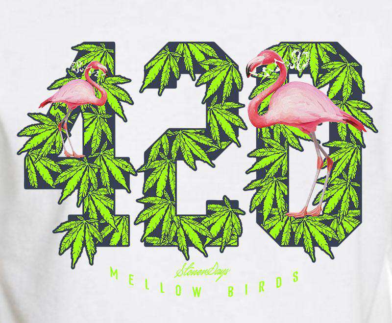 StonerDays Men's Mellow Birds Tee in White featuring pink flamingos and cannabis leaves design