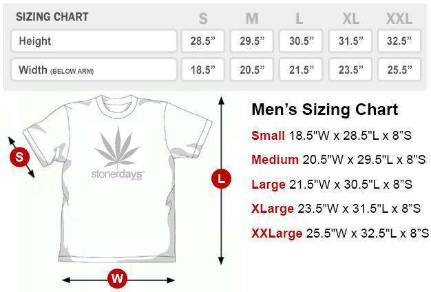 StonerDays Men's Money Tree Tee front view with sizing chart, featuring a cannabis leaf design