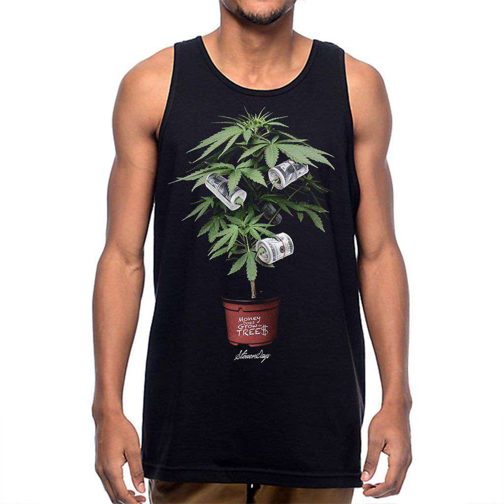 StonerDays Men's Money Trees Tank Top, black cotton with cannabis and money graphic, front view