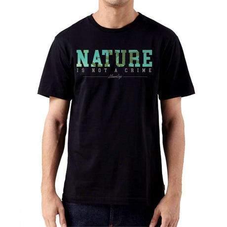 StonerDays Men's Black Cotton Tee with 'Nature Is Not A Crime' Graphic, Front View