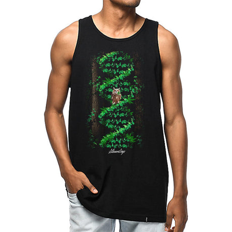 StonerDays Men's Night Owl Genetics Tank Top in green, front view on model, comfortable cotton
