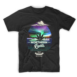 StonerDays Men's Northern Lights Tee in black, featuring vibrant cannabis leaf design, front view.