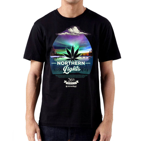 StonerDays Men's Northern Lights Tee in black, front view on model, size 2XL