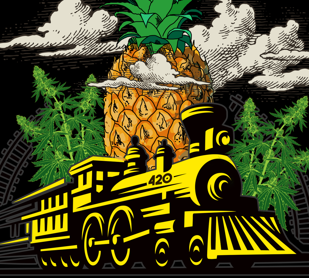 StonerDays Mens Pineapple Express Tank in Large, featuring a vibrant train and pineapple design on cotton fabric