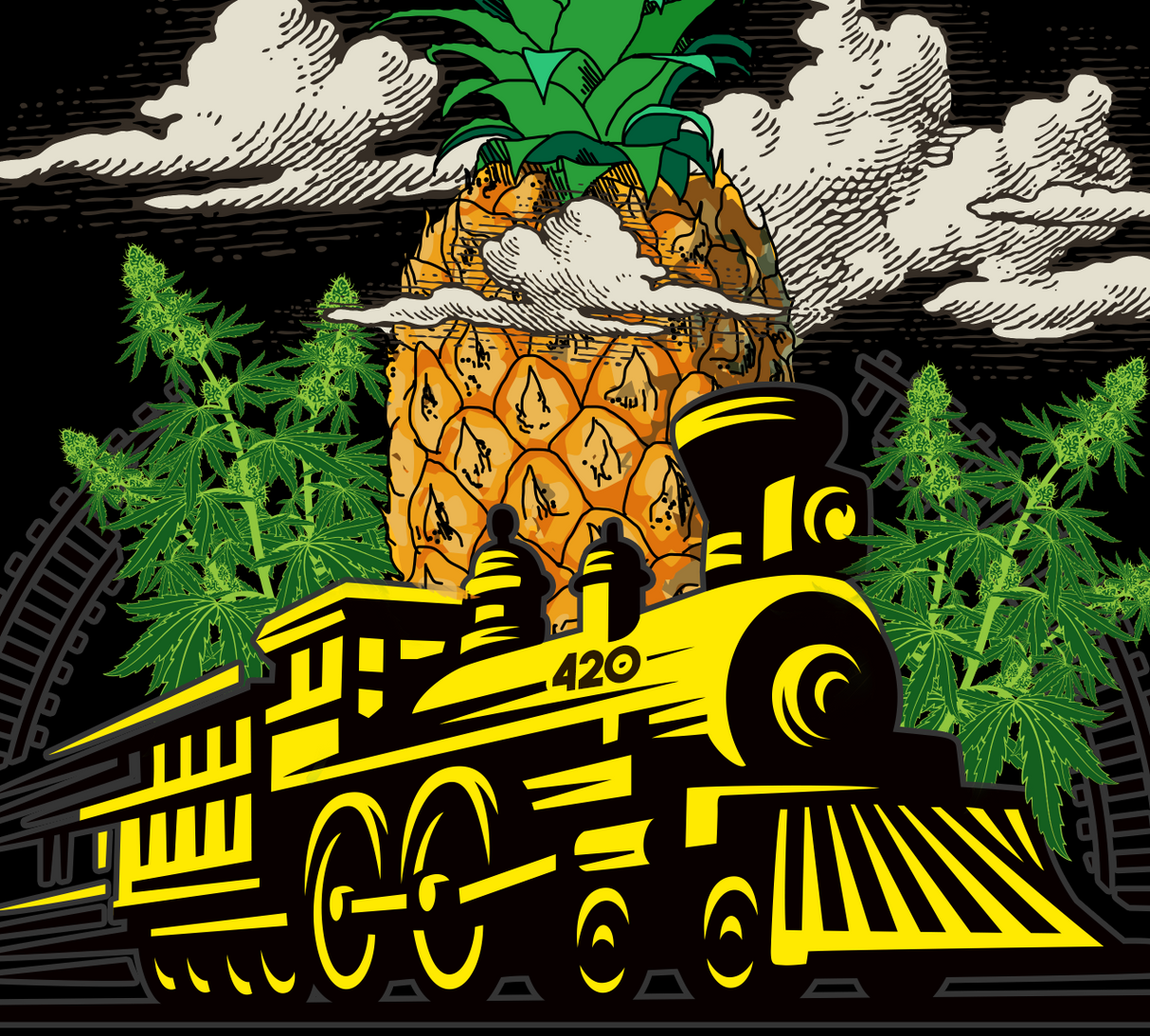 StonerDays Men's Pineapple Express Tee with vibrant graphic print, front view on black background