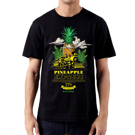 StonerDays Men's Pineapple Express Tee in black cotton, front view on model