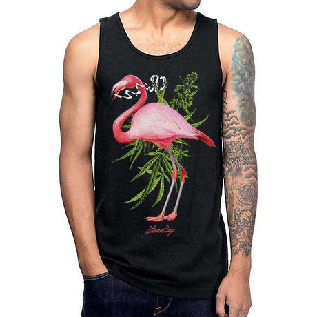 StonerDays Men's Pink Flamingo Tank Top in Black Cotton, Front View on Model