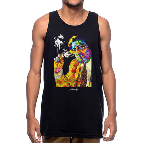 StonerDays Men's Pop Art Jack Tank Top in Rasta colors, front view on a model, sizes S to 3XL
