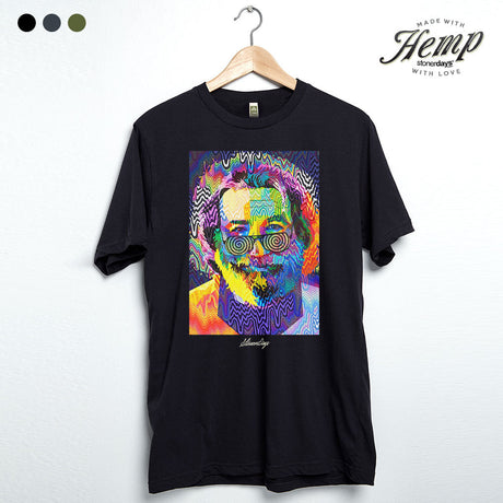 StonerDays Men's Pop Art Jerry Tee in black cotton, front view on hanger