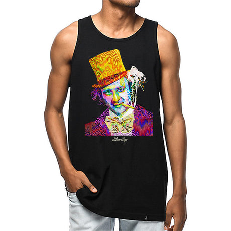 StonerDays Men's Pop Art Willy Tank Top in Rasta colors, made of cotton, front view on model