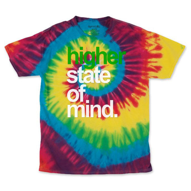 StonerDays Men's Tie Dye Tee with 'higher state of mind.' slogan, Rainbow Cotton Shirt Front View