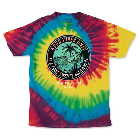 StonerDays Men's Rainbow Tie Dye Tee with 'It's 420 Somewhere' Graphic, Front View