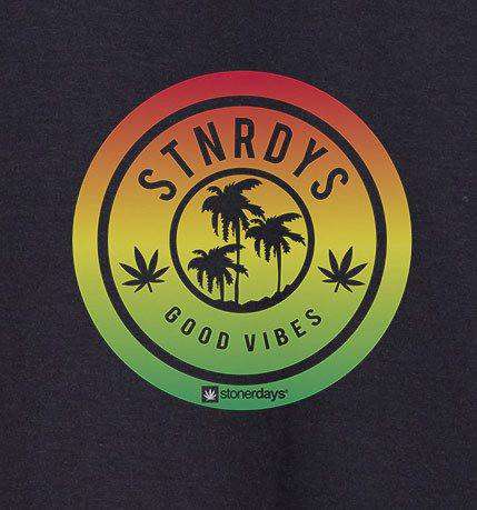 StonerDays Men's Rasta Chest Tank with vibrant rasta colors and palm tree design, close-up view