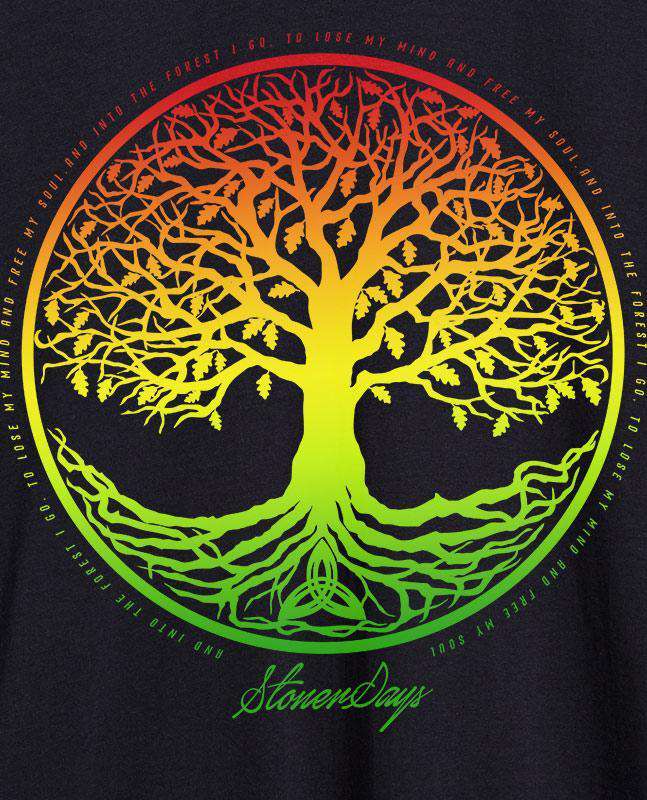 StonerDays Men's Black Tee featuring Rasta Tree of Life design in vibrant colors, front view.