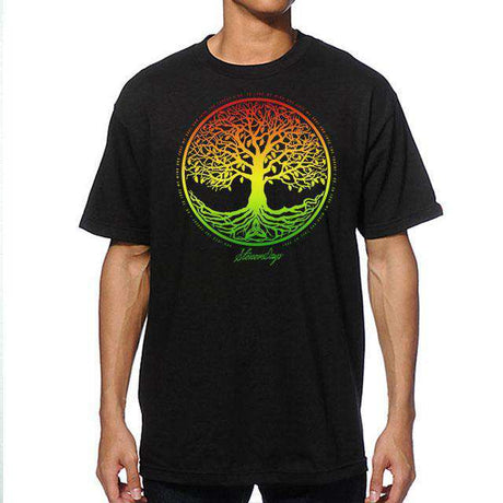 StonerDays Men's Rasta Tree of Life Tee in black, front view on a model, vibrant tree graphic