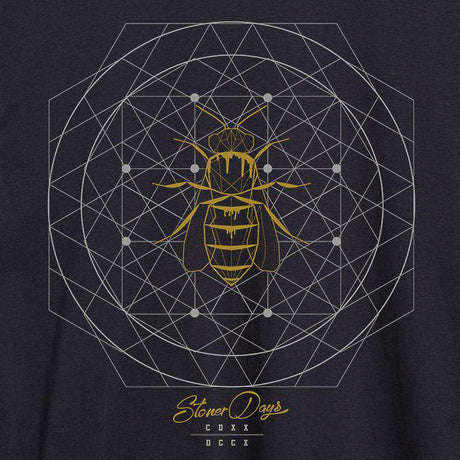 StonerDays Men's Sacred Beeometry Tee in black cotton, close-up of geometric bee design