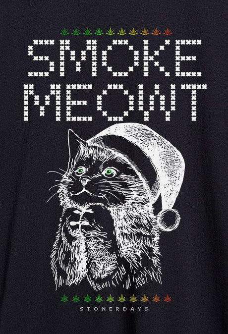 StonerDays Men's Smoke Meowt Tee Shirt in black with festive cat graphic, size options available