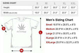 StonerDays Men's Smoke Meowt Tee with cannabis leaf graphic, white, front view, size chart included