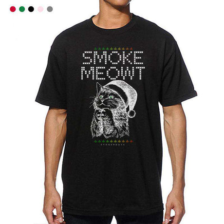 StonerDays Men's Smoke Meowt Tee, black cotton with quirky cat graphic, sizes S-3XL