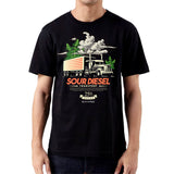 StonerDays Men's Sour Diesel Tee front view on model, black cotton with graphic design