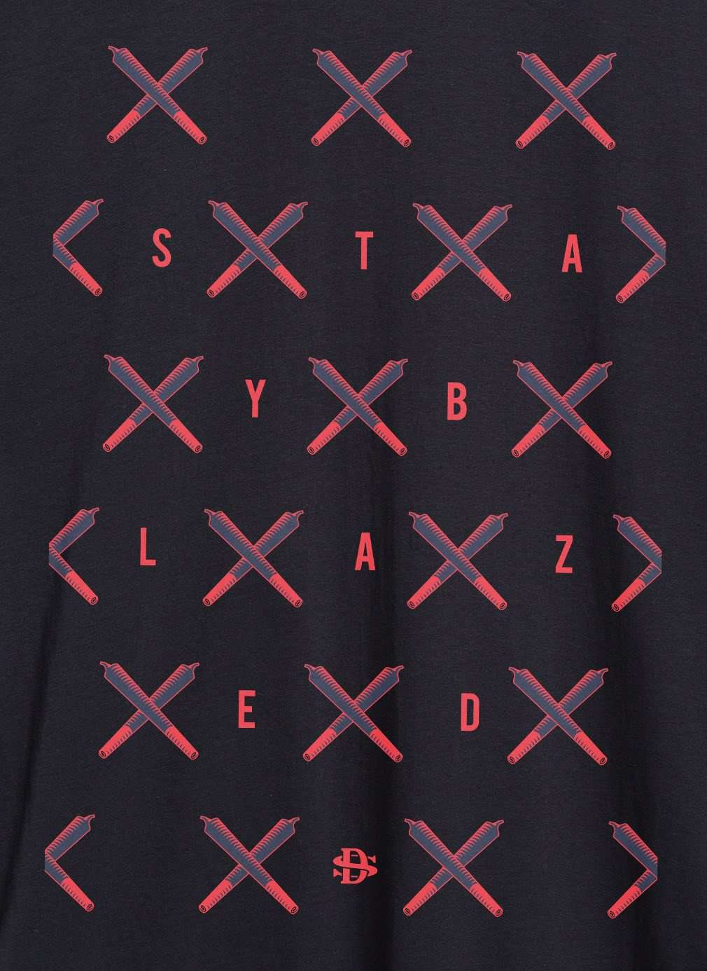 Close-up of StonerDays Men's Stay Blazed Tee in red with crossjoint pattern, cotton fabric