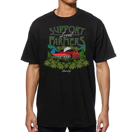 StonerDays Men's Support Local Farmers Tee, black cotton, front view on model, sizes S to 3XL