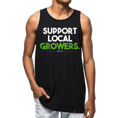 StonerDays Men's Tank Top in black with 'SUPPORT LOCAL GROWERS' print in green, front view