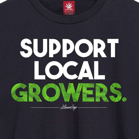 Close-up of StonerDays Men's Support Local Growers Tee in black with bold green print