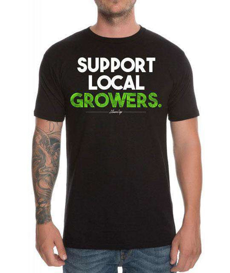 StonerDays Men's Support Local Growers Tee in black with green text, front view on a model